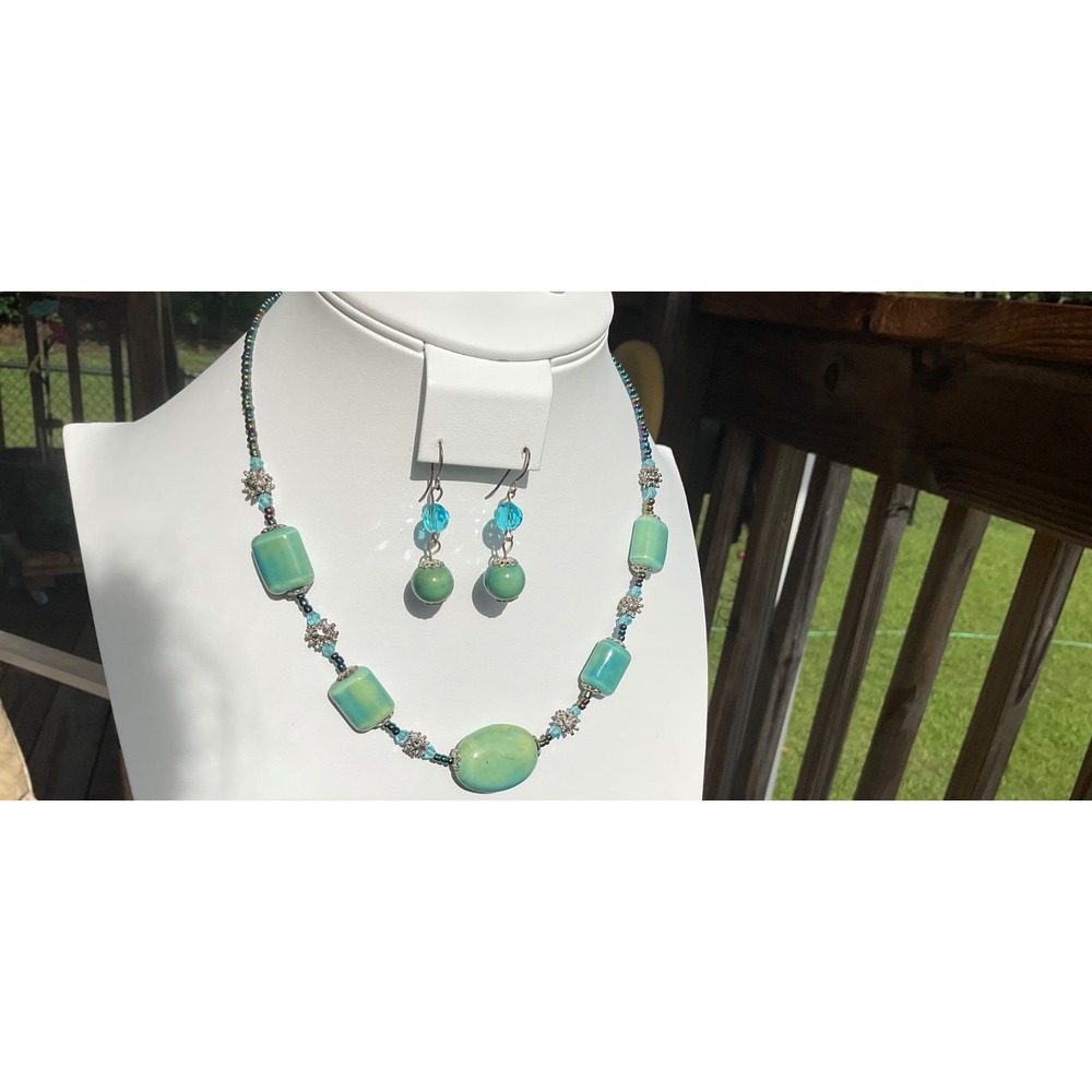 Signed YOU & I Glazed CERAMIC & GLASS Iridescent BEADED NECKLACE DANGLE EARRINGS